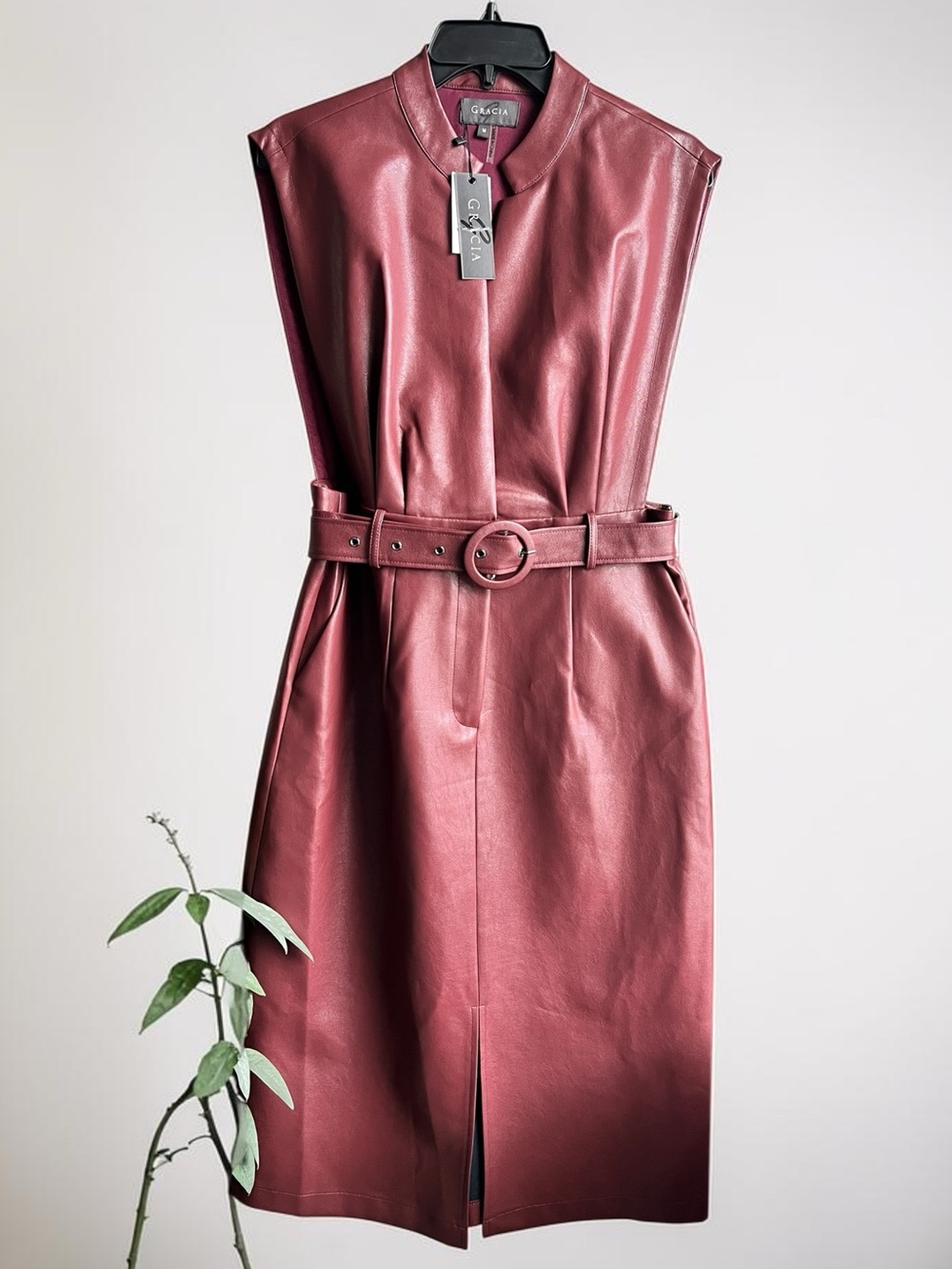 Gracia Burgundy Faux Leather Sleeveless Midi Dress, Size M, NWT